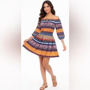 BETSEY JOHNSON BOHO OFF SHOULDER MINI DRESS SIZE 4 NWT COLORFUL TRIBAL PRINT